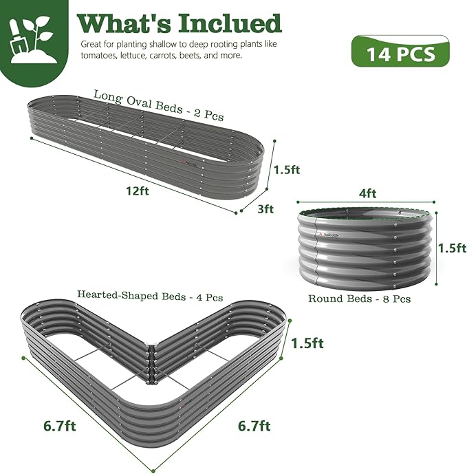 A ANLEOLIFE Set of 14, 18 Inch Tall Raised Garden Beds Kit, Heart-Shaped, Large Oval & Round Metal Planters – Ideal for Backyard Vegetables Flowers Herbs, Quartz Grey