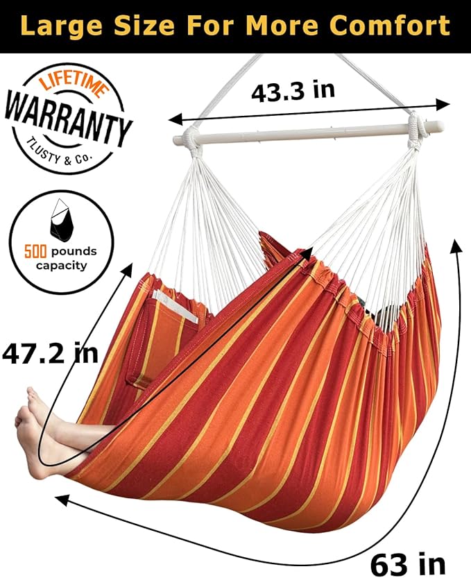 XXL Hammock Chair Hanging Rope Swing with 2 Cushions - Max 500lbs-Perfect for Patio, Porch, Bedroom, Backyard, Indoor or Outdoor - Includes Hanging Hardware Kits
