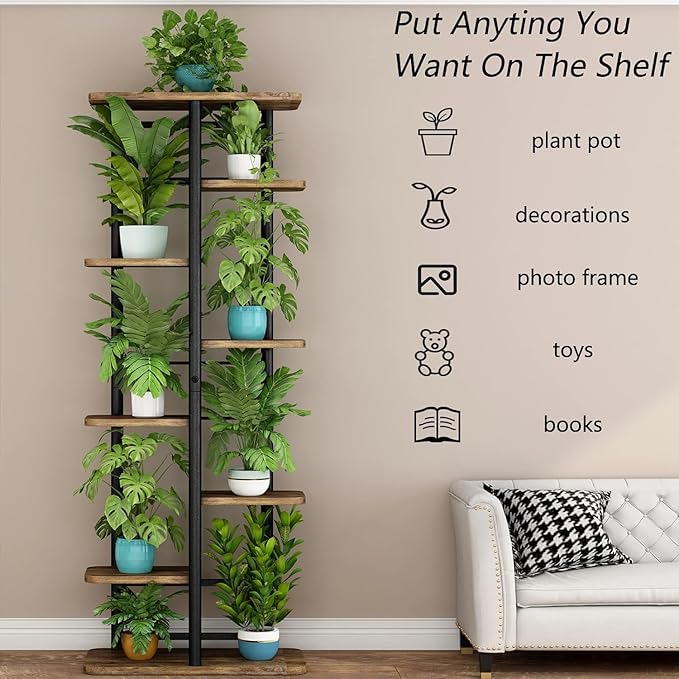 LINZINAR Plant Stand 8 Tier 9 Potted Multiple Flower Pot Holder Shelf Indoor Outdoor Planter Rack Storage Organizer for Patio Garden Corner Balcony Living Room (Black, 8 Tier)
