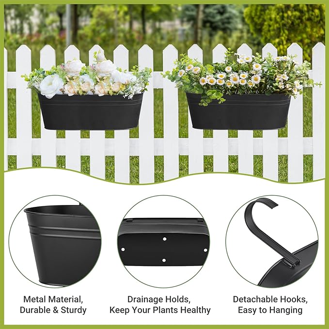 Dahey 4 Pcs Metal Hanging Flower Pots for Railing Fence Outdoor Planter 15.7 Inch Hanging Bucket Pots Countryside Window Flower Plant Holder with Detachable Hooks for Garden Yard Home Decor,Black