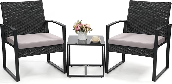 3 Piece Wicker Patio Bistro Set, Rattan Conversation Set with Coffee Table, for Balcony, Porch, Garden, Yard, Poolside, Black Frame with Grey Cushion