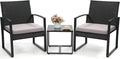 3 Piece Wicker Patio Bistro Set, Rattan Conversation Set with Coffee Table, for Balcony, Porch, Garden, Yard, Poolside, Black Frame with Grey Cushion