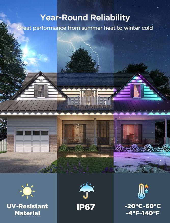 Govee Permanent Outdoor Lights 2, 100ft RGBIC Outdoor Lights with 72 LED Lights, IP67 Waterproof, 100 Scene Modes with 40lm White for Outdoor Decorations, Works with Alexa, Google Assistant, Black