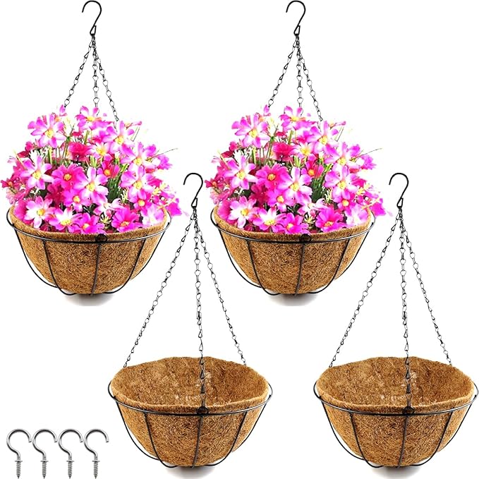 TIHOOD 4 Pack 12 inch Hanging Planter Basket Outdoor Large Hanging Flower Pots Indoor with Coco Coir Liner Round Wire Plant Holder Chain Hanging Basket Garden for Home Decor Balcony Office