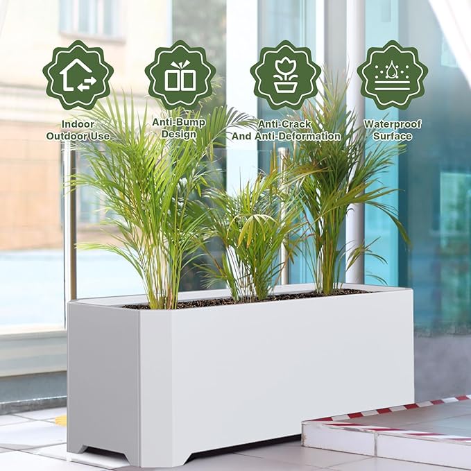 Steel Planter Box-36"x15"x15"-Large Rectangular Planters for Outdoor Plants, White Matel Planter Box Raised Support Feet for Patio, Deck, Garden, Yard, Drain Holes, Easy Assembly