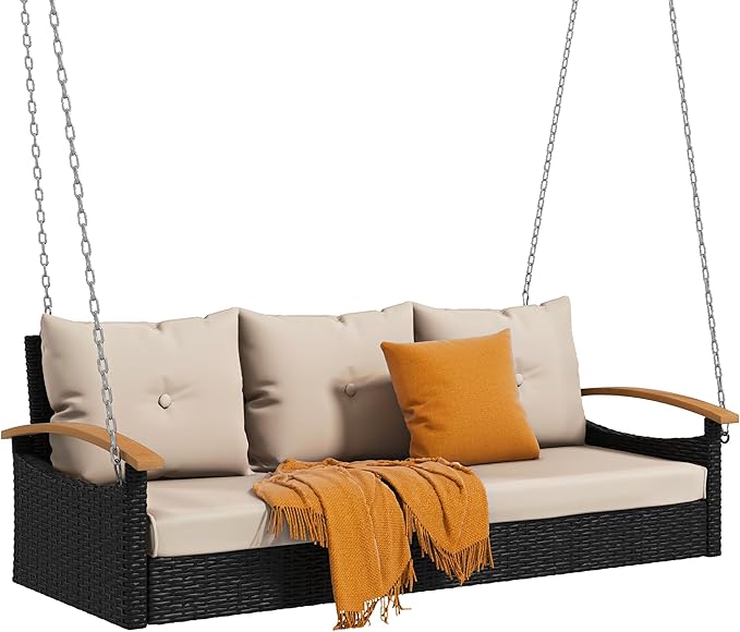DWVO 3 Seats Porch Swing Hanging Bench Swing Outdoor Wicker Patio Swing Lounge Front Rattan for Garden, Balcony, Black&Beige