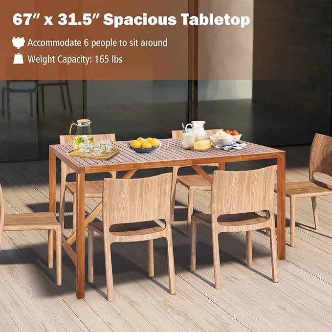 Tangkula 67" Acacia Wood Outdoor Dining Table for 6, Rectangle 6-Person Patio Table with 2" Umbrella Hole & Spacious Slatted Tabletop, Indoor Outdoor Dining Furniture for Deck, Garden, Poolside & Yard