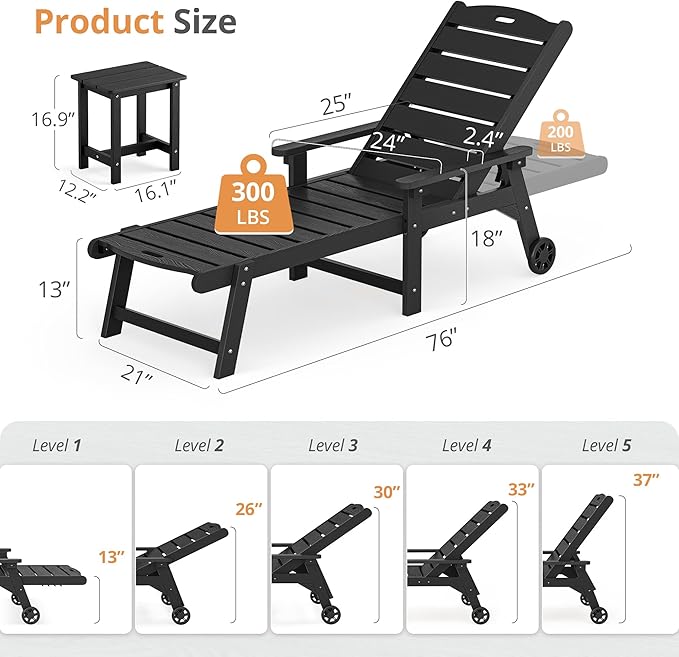 LUE BONA Chaise Lounge Chair with Table, 3-Piece, HDPS Chaise Lounger, 5 Positions Adjustable Lounge Chairs, Pool Lounge Chair with Wheels for Poolside, Backyard, Black