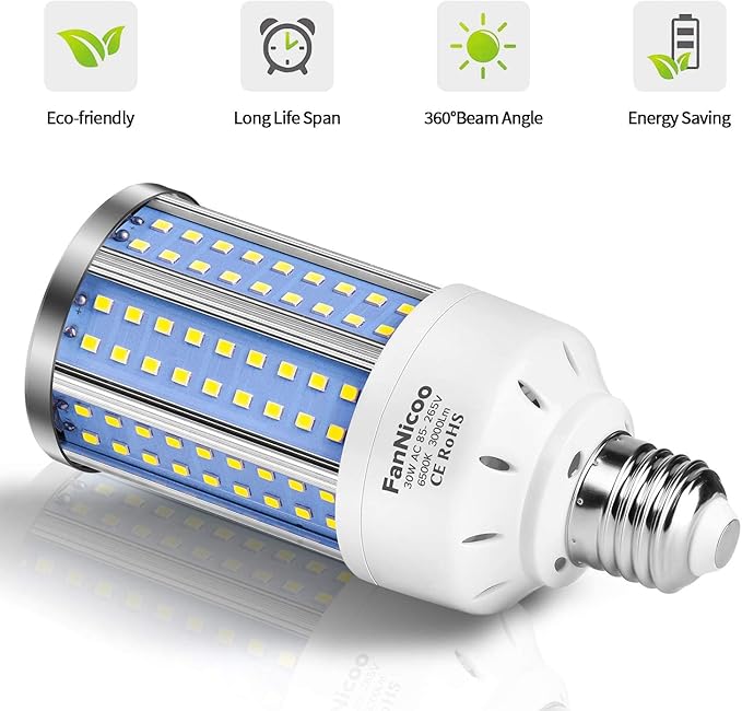 2-Pack 200W Equivalent LED Corn Light Bulb 3000 Lumen 6500K Cool White Daylight 30W LED Corn Lamp E26/E27 Medium Base for Indoor Outdoor Warehouse Garage Basement Backyard Factory Barn and Many Areas