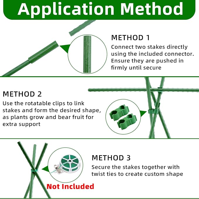 Garden Stakes 16 Inch 70 Pack, Diy 4ft 5ft 6ft 7ft 8ft Tomato Stakes Plastic Coated Metal Plant Sticks Stakes Supports with 40 Connectors 30 Rotatable Clips for Indoor Outdoor Plants Vegetable
