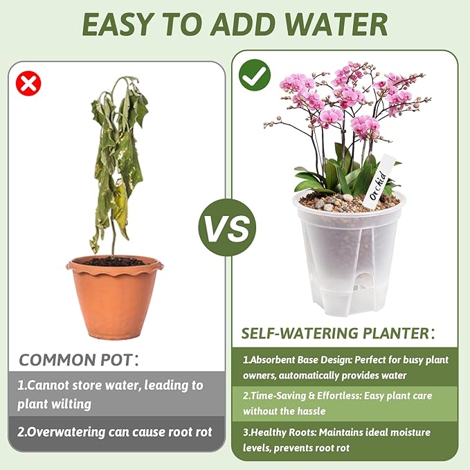 Clear Self Watering Pots for Indoor Plants with 9 Plant Labels, Deep Reservoir, High Drainage Holes, Bare Root Planter for Indoor/Outdoor Plants (5PCS)
