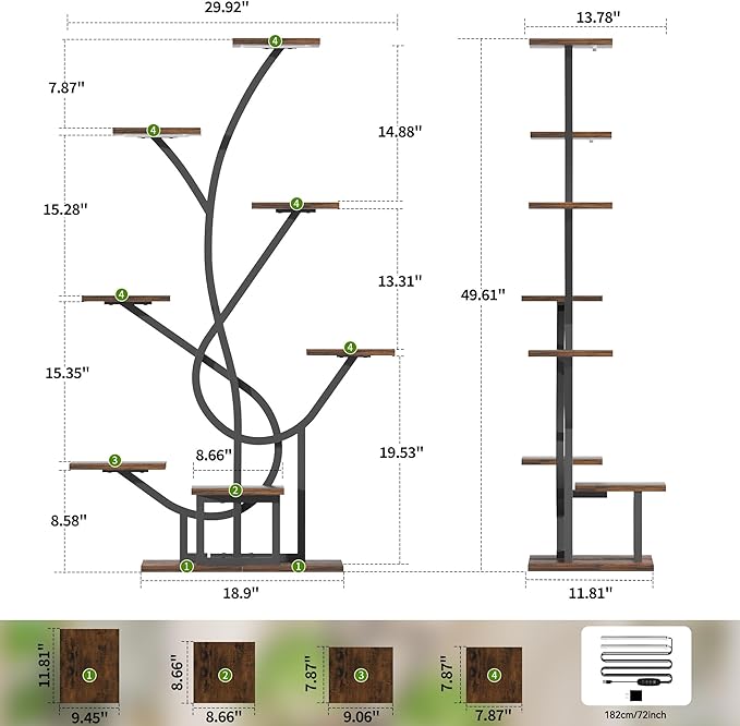 Plant Stand Indoor with Grow Lights - 8 Tiered Corner Plant Shelf Indoor, 50" Tall Lighted Plant Stand for Indoor Multiple Plants, Flower Stands Display Rack Holder for House, Patio, Black