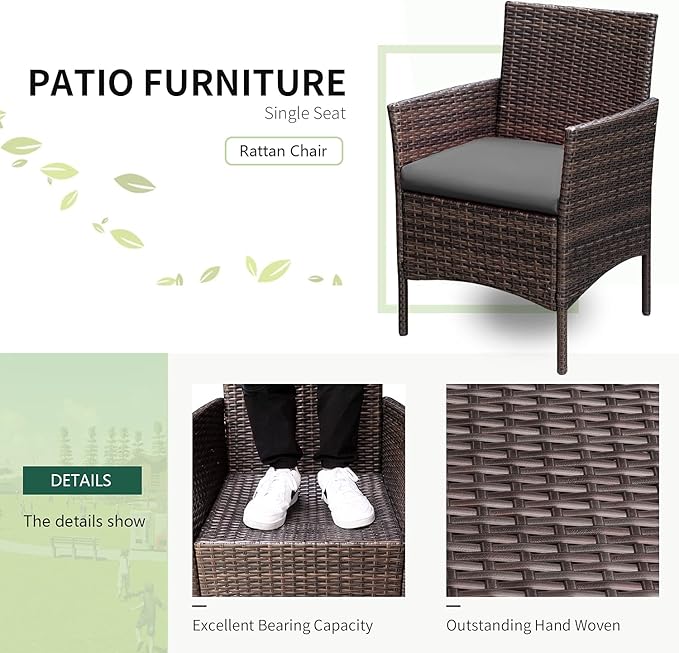 Greesum 3 Pieces Patio Furniture Sets Outdoor PE Rattan Wicker Chairs with Soft Cushion and Glass Coffee Table for Garden Backyard Porch Poolside, Brown and Gray