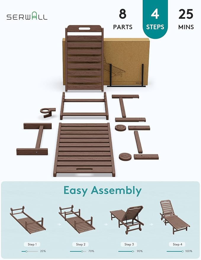 SERWALL Patio Chaise Lounge Set of 4, HDPE Outdoor Lounge Chair with Cup Holder, 5 Positions Adjustable Poly Lounger with Rolling Wheels for Poolside, Deck, Sunbathing, Brown