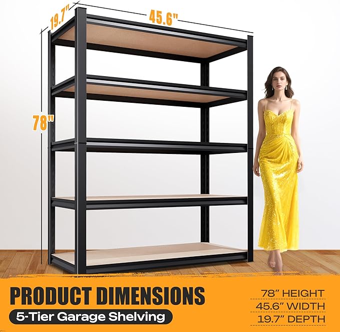AOARGG 78" H Garage Shelving Heavy Duty Storage Shelves, Metal Adjustable Shelving Unit, Utility Garage Organizer Shelf for Basement, Pantry, Kitchen, Warehouse, 45.6" W x 19.7" D x 78" H, Black