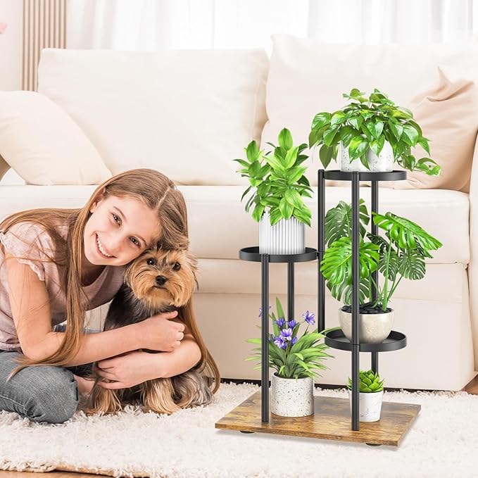iDavosic.ly 3 Tier Plant Stand Indoor Outdoor, Tiered Corner Multiple Flower Pot Holder Shelf, Metal 23 Inch Tall Display Rack for Patio Porch Living Room Garden Balcony, Modern Black & Rustic Brown