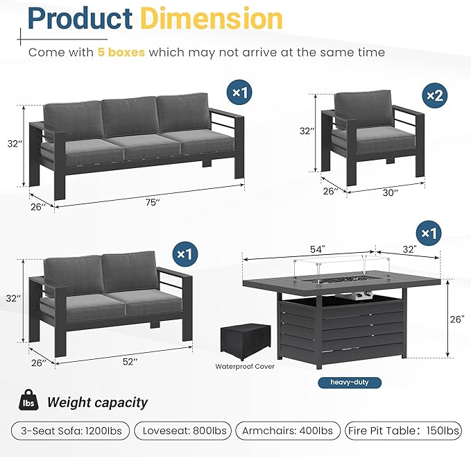 Solaste Aluminum Outdoor Patio Furniture Set with 43" Fire Pit Table, 7 Seats Patio Sectional Sofa with 5" Thick Cushion, Outdoor Patio Set for Porch, Backyard, Deck, Yard, Grey