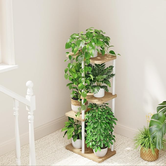 Bamworld Plant Stand Indoor, Corner 4 Tier Metal Plant Shelf for Multiple Plants, Tiered Flower Pot Stands for Patio Garden Balcony Living Room Bedroom, White
