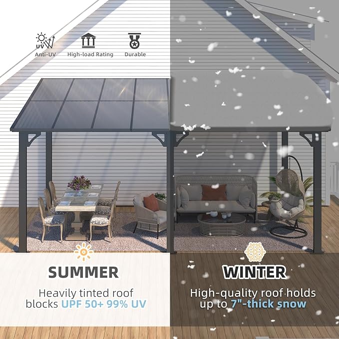 AECOJOY 16' x 8' Gazebo Outdoor Pergola for Patio, 8x16 Hard Top Lean to Gazebo Shelter Pergolas and Gazebos Clearance with Patio Roof, Large Wall-Mounted Heavy Duty Awnings for Decks, Backyard