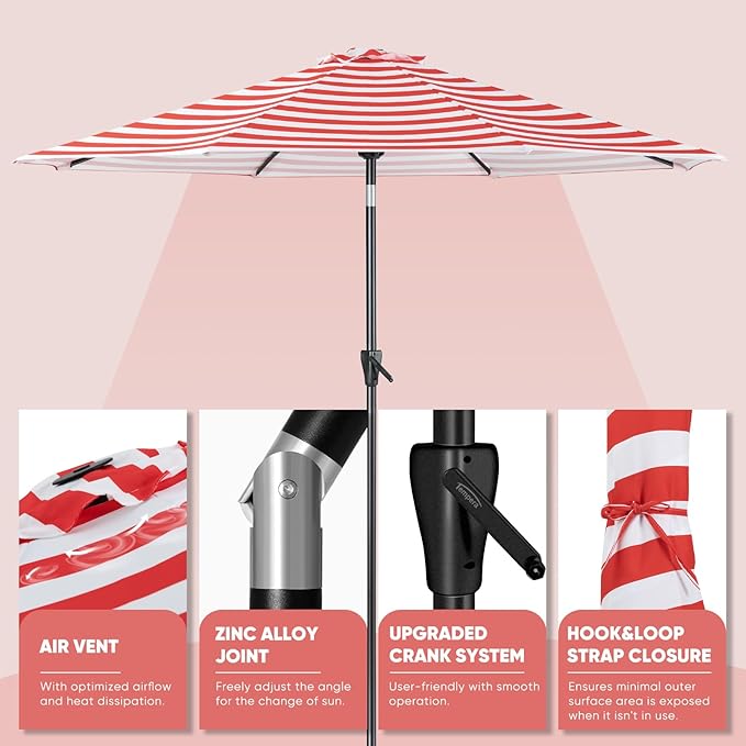 Tempera Patio Market Outdoor Table Umbrella with Auto Tilt and Crank, Large Sun Umbrella with Sturdy Pole & Fade Resistant Canopy, Easy to Set
