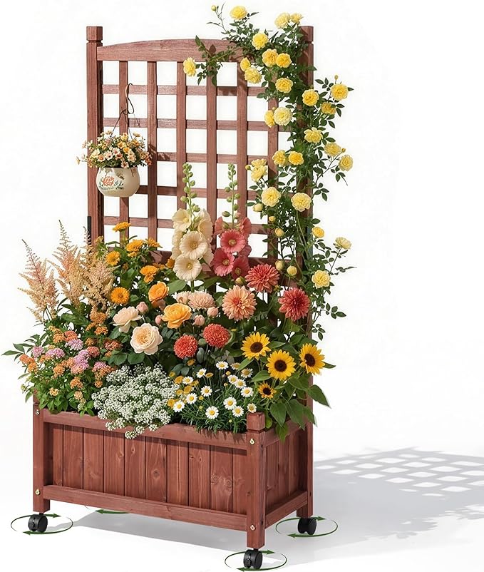 VINGLI Wooden Planter with Trellis, 50" Height Elevated Garden Beds Outdoor with Wheels, FreeStanding Planter Box with Drainage Holes for Flower, Vegetable, Fruit, Herb in Garden, Patio, Balcony (1)