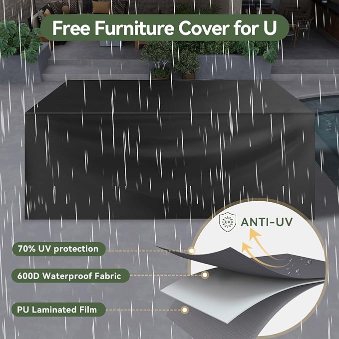 Aoxun 7 Piece Patio Furniture Set with Wide Armrests & 44” Fire Pit Table Wicker Rattan Outdoor Sectional Sofa Set with Coffee Table and Thick Cushion, Khaki (Waterproof Cover Included)