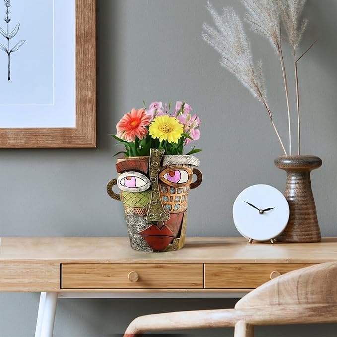 Abstract Face Planters Pots Head,Picasso Brutalist Face Flower Pot Ornaments Head Planter Pots Colorful Art Abstract Resin Flower Pot for Indoor and Outdoor Plants Funny Room Decor(Retro Big)