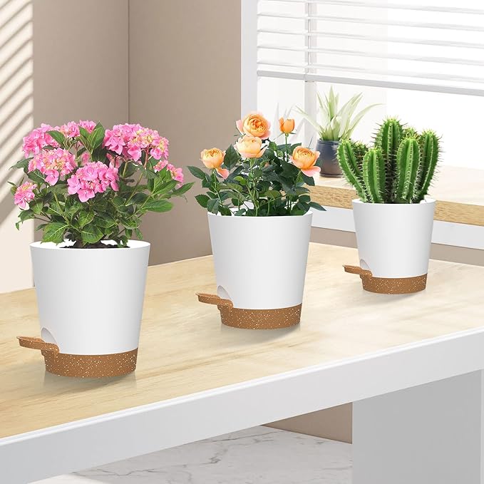 Self Watering Pots, 7/6.5/6/5.5/5/4 inch Flower Pots with Multi Mesh Drainage Holes, Small Platic Planters for Indoor Outdoor Garden Plants and Flowers (Whtie with Brown Tray, 7"+6.5"+6"+5.5"+5"+4")