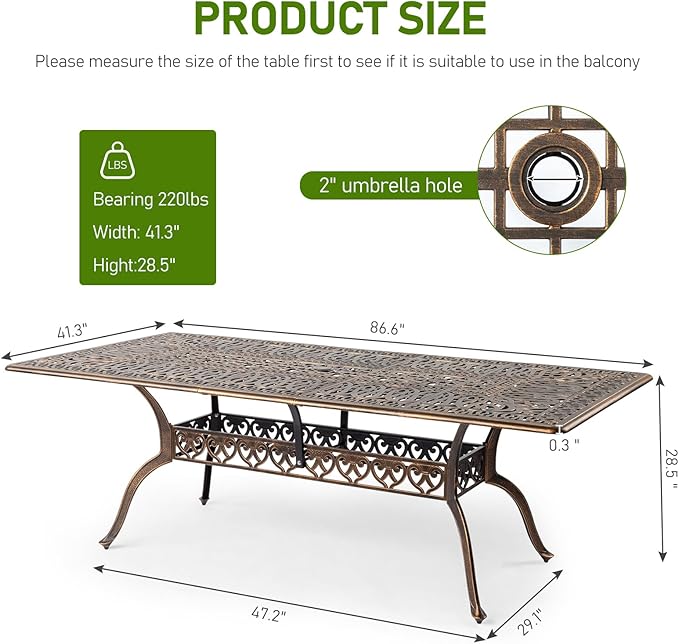 VINGLI 8-Person Outdoor Dining Table, Metal Dining Table with Umbrella Hole Cast Aluminum Patio Table, Rectangle Table Outdoor Furniture Garden Table (87”Lx42W”x28.5”H)