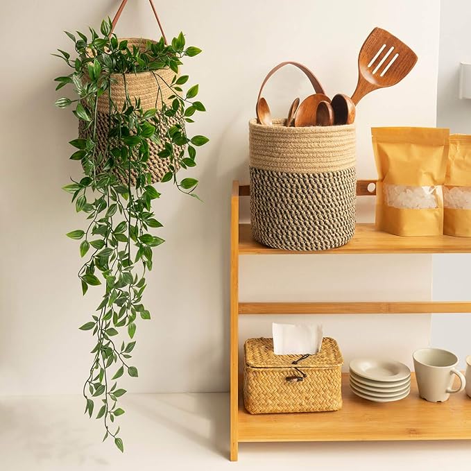 Goodpick 2pack Jute Rope Hanging Basket - 7.87" x 7" Small Woven Fern Wall Hanging Basket Flower Plants, Woven Storage, Black and Jute