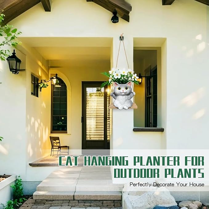 Cat Hanging Planters for Indoor Outdoor Plants, Small Cute Hanging Pots for Succulent, String of Pearls Plant, Resin Hanging Flower Pots with Drainage Hole, Unique Gift, Garden Home Decor