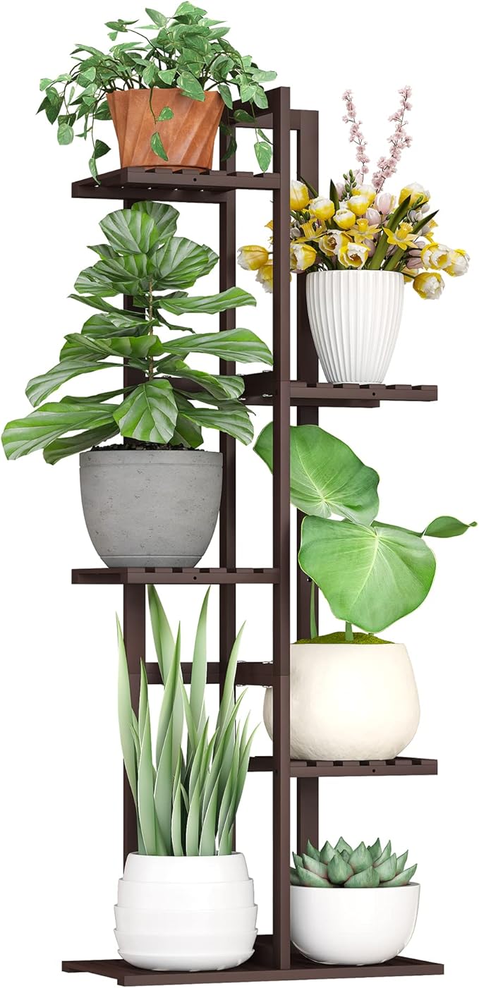 BMOSU Bamboo Plant Stand for Indoor Outdoor Plants Corner Tall Plant Shelf 6 Potted Holder Shelf Plant Rack Holder Display Rack(Brown)