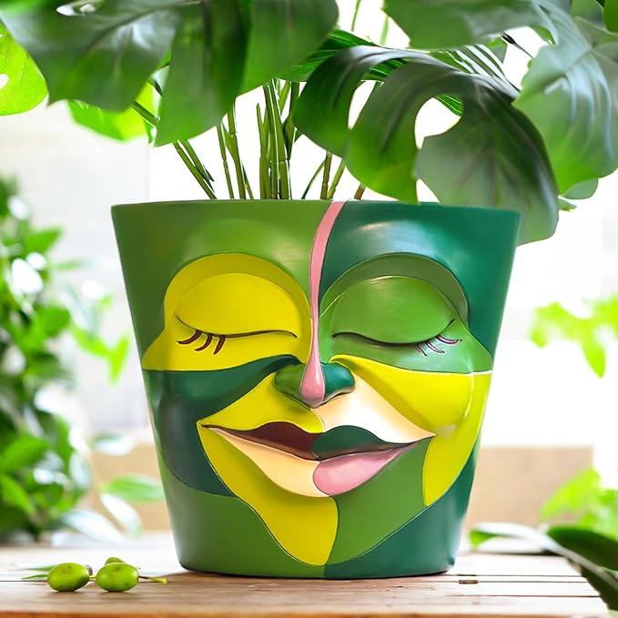 GUGUGO 8 Inch Planter Abstract Rainbow Face Pots for Plants, Unique Head Planters Pots with Drainage, Cute Eclectic Flower Pot for Garden, Colorful Funny Room Decor (Mainly Green)