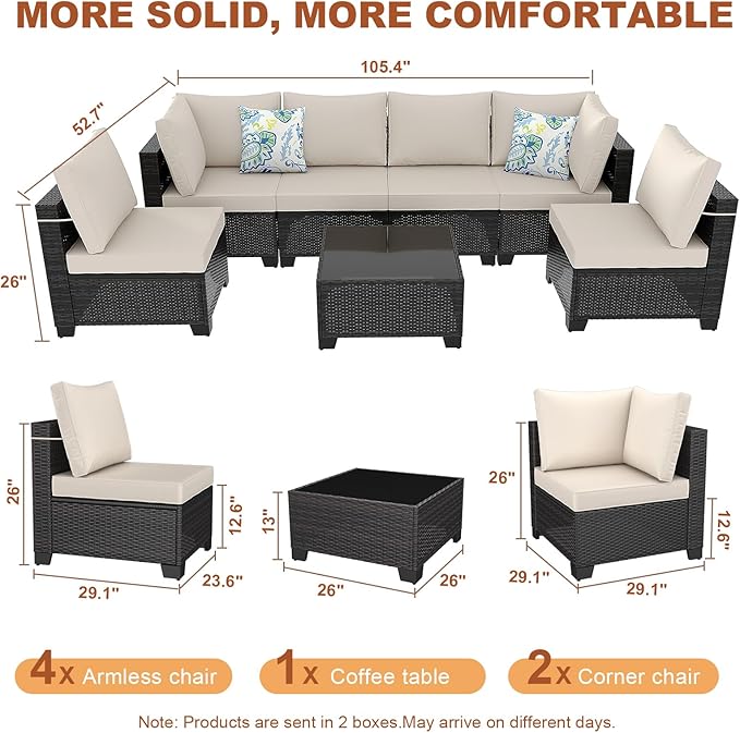 7 Pieces Outdoor Conversation Sectional Rattan Sofa, Patio Furniture Set, with Wicker and Cushions for Garden and Backyard (Brown/Beige)