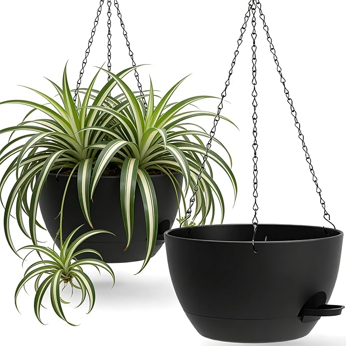 13 Inch 2 Pack Large Self Watering Hanging Planters for Indoor Outdoor Plants, Hanging Plant Pots with Removable 50 Oz Reservoir, Plastic Hanging Basket for Window Porch Garden Balcony, Black