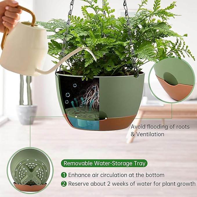 Hanging Planters for Indoor Plants, Set of 2 8/10 Inch Self-Watering Hanging Pots with Drainage Hole & Removable Water-Storage Tray II Screw-in Hooks