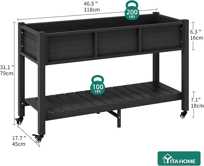 YITAHOME Raised Garden Bed HDPE, 47x18x31In Raised Flower Bed Poly-Wood Weather-Resistant Elevated Planter Box with Lockable Wheels & Storage Shelf for Vegetable Flower, Black