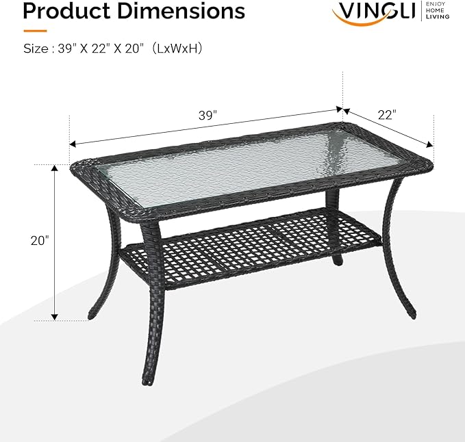 VINGLI Outdoor Coffee Table with Storage Wicker Patio Coffee Table, Tempered Glass Top Coffee Table for Patio Outside Balcony Porch Deck (Black)