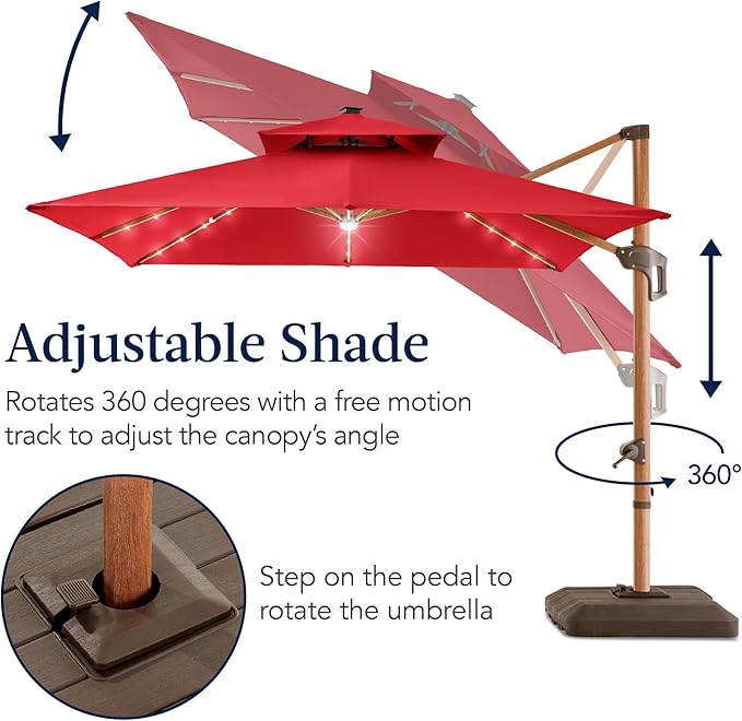 Best Choice Products 10ft Square Cantilever Patio Umbrella w/Base Included, Woodgrain Pattern Pole & Solar LED Lights, 360-Rotation, Offset Hanging Outdoor Shade - Red