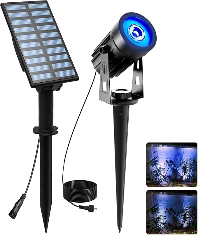 T-SUNUS Solar Spot Lights Blue Metal Outdoor Christmas Spotlights with 9.8ft Cable, IP65 Waterproof Separated Panel for Yard Driveway Pathway Pool Tree Patio Landscaping Wall Flag Trees Halloween
