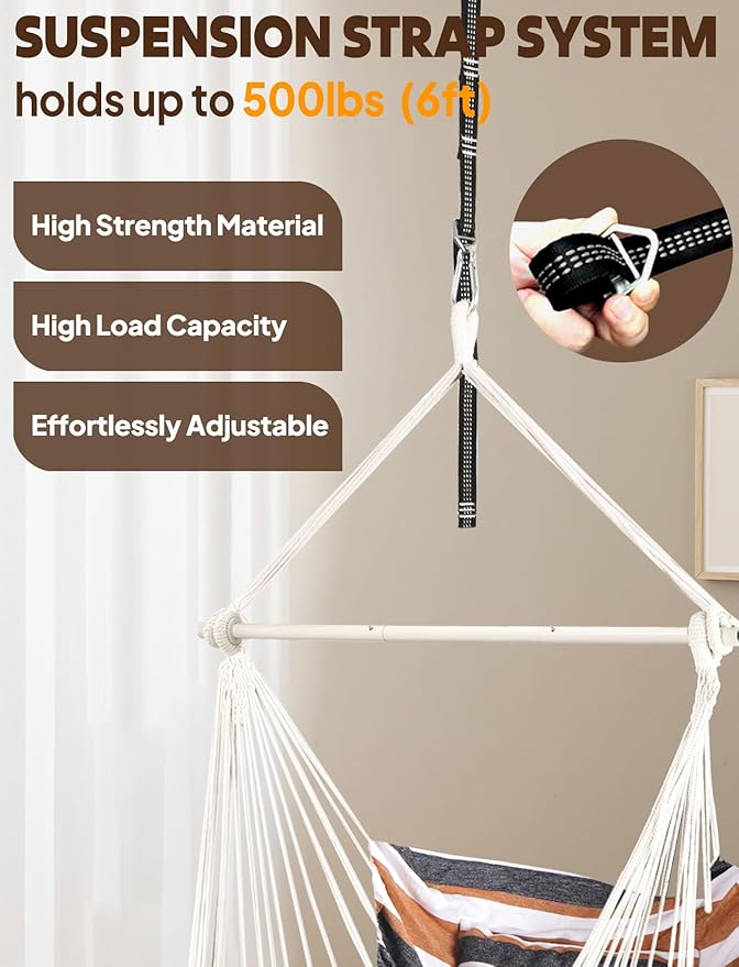 Chihee Hammock Chair Hanging Swing Max 500 Lbs 2 Cushions Included Metal Spreader Bar with Anti-Slip Grooves Portable Hanging Chair Side Pocket Large Macrame Bohemian Chair Indoor Outdoor
