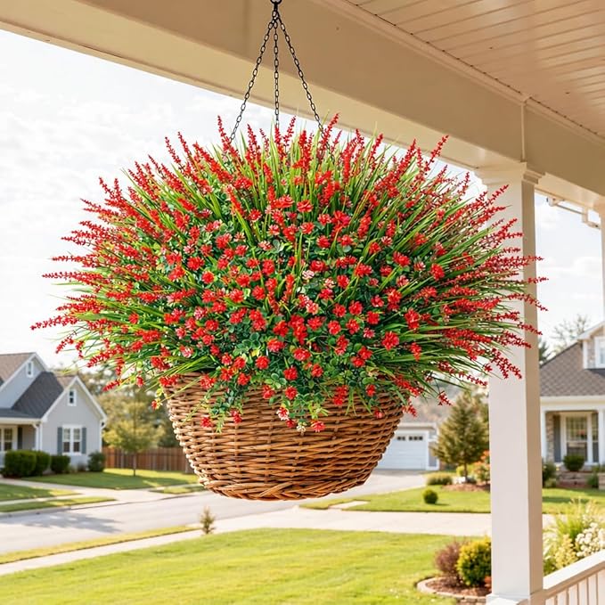 HyeFlora 20 Bundles Artificial Fake Outdoor Plants Flowers for Spring Decoration, UV Resistant Realistic Red Plastic Flowers Faux Plant Monkey Grass for Planter Home Garden Porch Patio Window Box