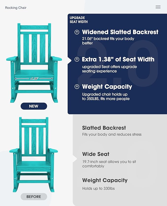 KINGYES Oversized Outdoor Rocking Chair, All-Weather Patio Rocking Chairs for Porch, HDPE Outdoor Patio Rockers with High Back & Wide Seat for Garden, Lawn, Aruba