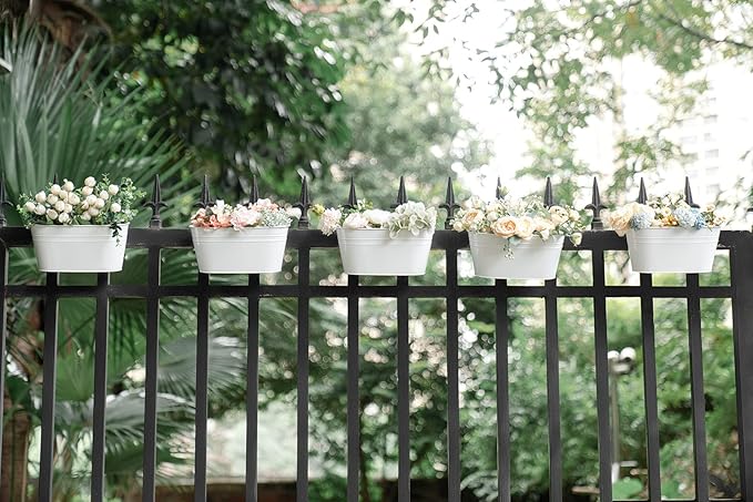 Dahey 10.5 Inch Metal Iron Hanging Flower Pots for Railing Fence Hanging Bucket Pots Countryside Style Window Flower Plant Holder with Detachable Hooks Home Decor,White,5 Pcs
