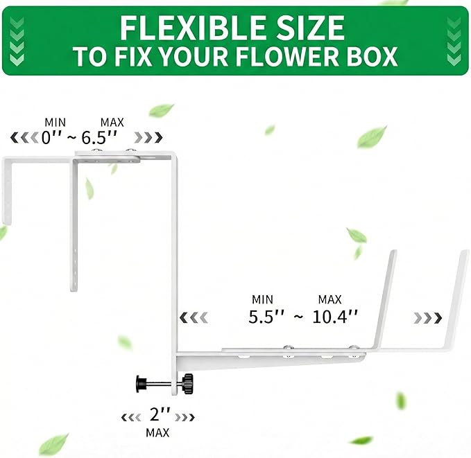 Window Box Brackets, Adjustable Planter Box Brackets, Heavy Duty Iron Flower Box Brackets for Railings, with Enhanced Bottom Support - Perfect for Balconies, Fences, and Gardens (White, 2 Pack)