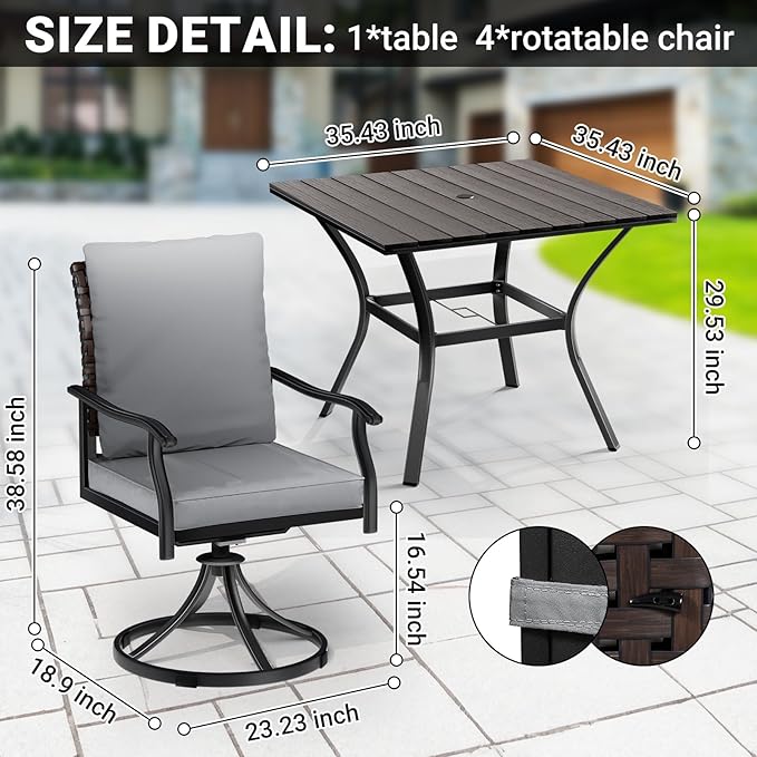 LEVELEVE 5 Piece Outdoor Patio Dining Set with 4 Swivel Dining Chairs & 1 Large Round Dining Table,Bistro Furniture Set for Lawn, Garden, Deck, Backyard and Porch