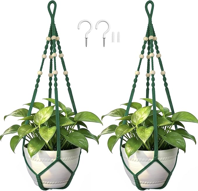 Macrame Plant Hanger,Up to 4-15 inch Pots, Wood Beads Cotton Hanging Planter Holder for Indoor Outdoor Boho Home Decor, 35 Inch, Ivory, Set of 2 (Green)