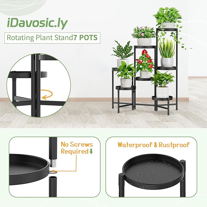 iDavosic.ly Plant Stand Indoor Outdoor, 7 Tier Corner Metal Flower Display Holder Shelf, Easy Assembly Folding Tall Orchid Rack for Patio Balcony Porch Garden Living Room House, Black