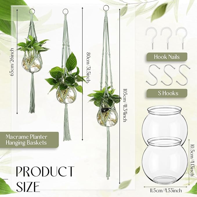 6 Pcs Plastic Plant Propagation with Boho Macrame Hanger Wall Plant Propagation Station Hanging Holder Include Hooks Kit for Indoor Home Garden Office Decor 3 Size (Sage Green)