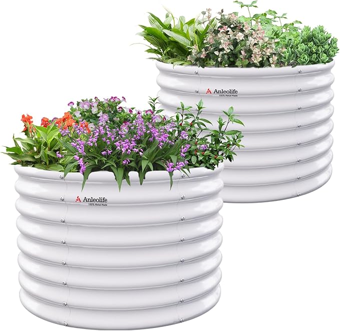 A ANLEOLIFE 2-Pack 3ft x 24” Tall Galvanized Raised Garden Beds Outdoor, Round Metal Planter Box for Planting Vegetables Flowers Herb, Anti-Rust & Easy-Setup, Antique White